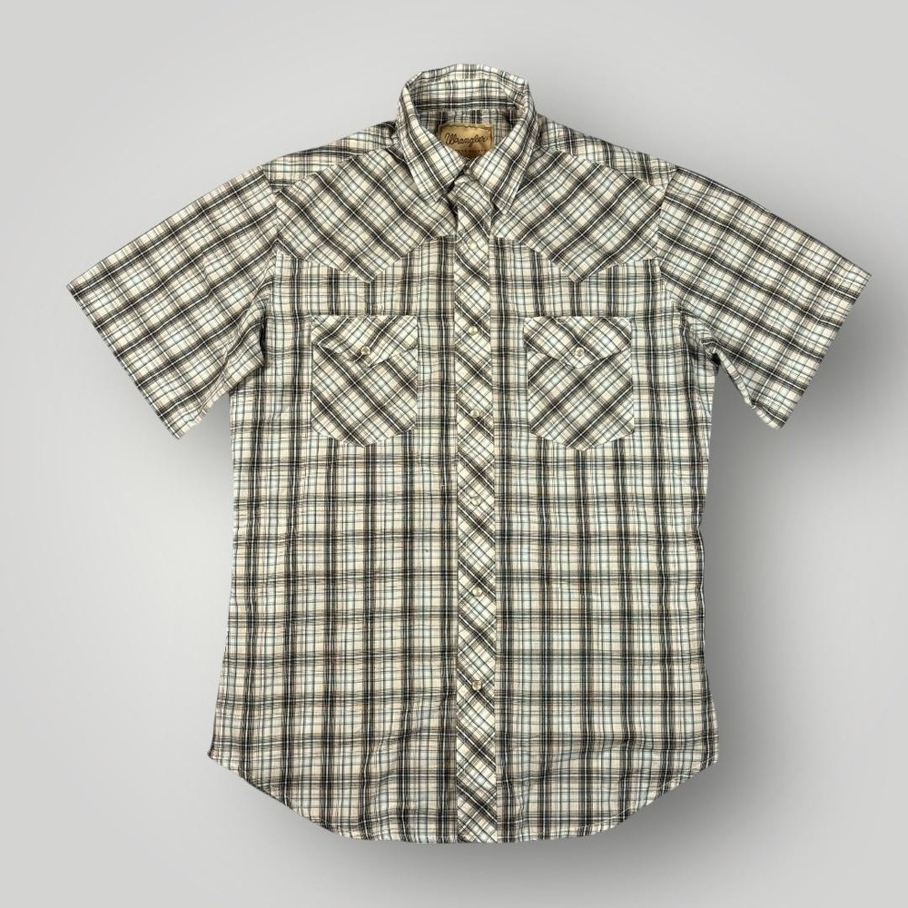 Wrangler Western Shirt Mens Medium‎ White Plaid Pearl Snap Short Sleeve Cowboy